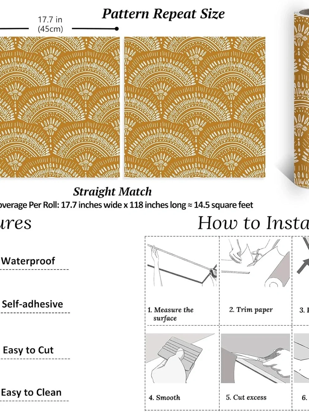 Boho Wallpaper with Scalloped Fans Motif in Yellow Ochre and White
